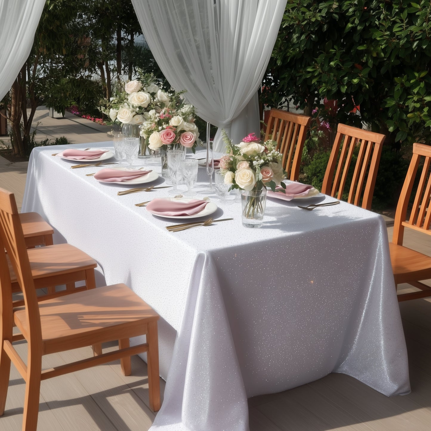 White Scuba Rectangular Tablecloth with Rhinestone Accents on a dining table.