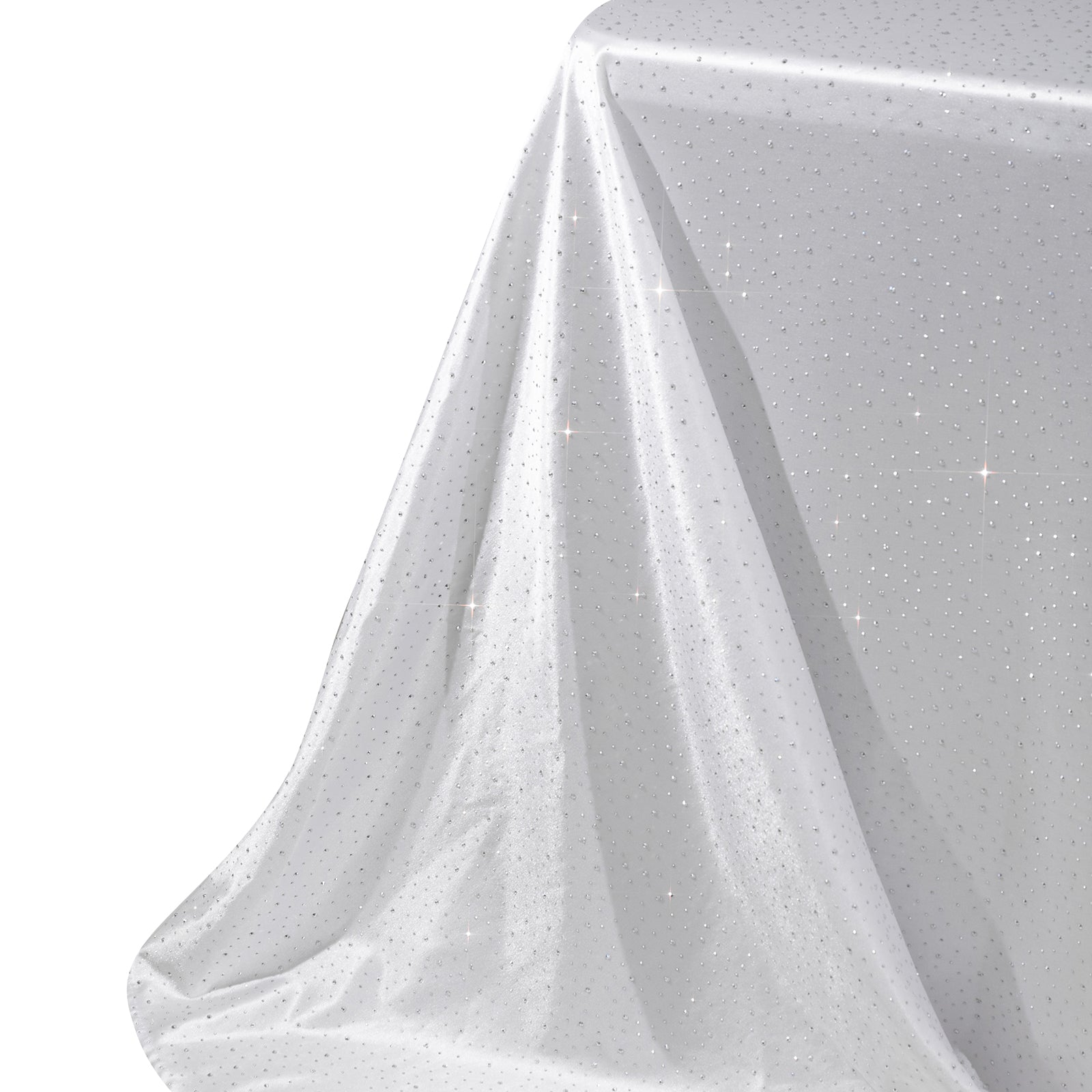 White rectangular tablecloth with rhinestone accents, seamless and wrinkle-free.