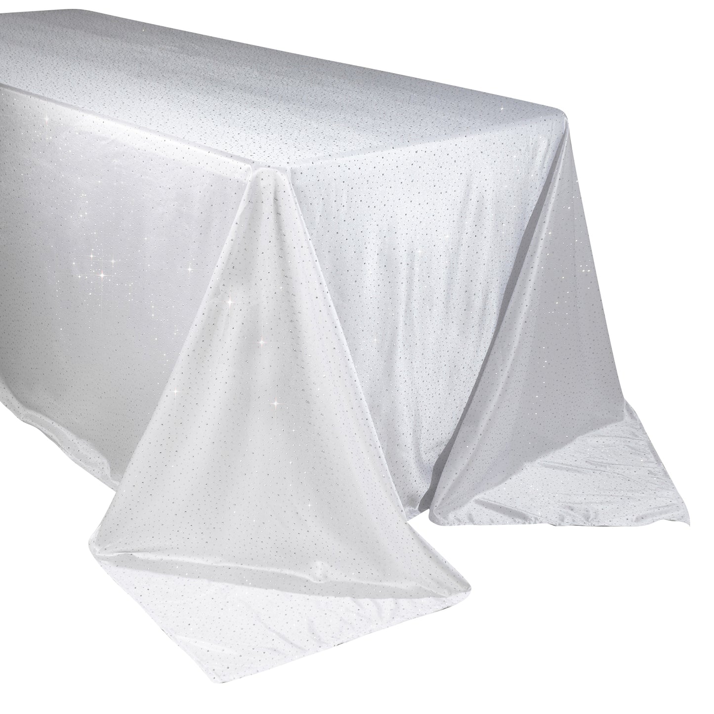 White rectangular tablecloth with rhinestone accents, seamless and wrinkle-free.