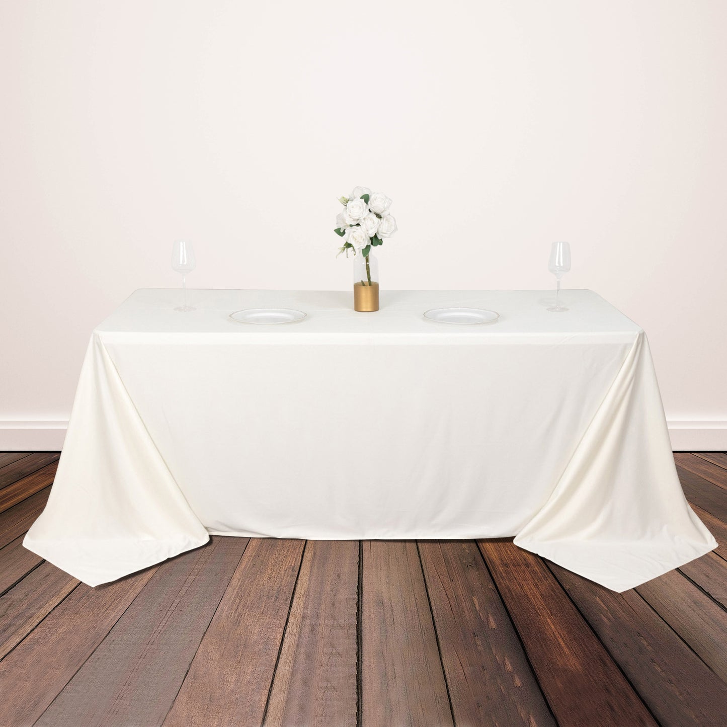 90"x132" Ivory Premium Scuba Wrinkle Free Rectangular Tablecloth, Seamless Scuba Polyester Tablecloth