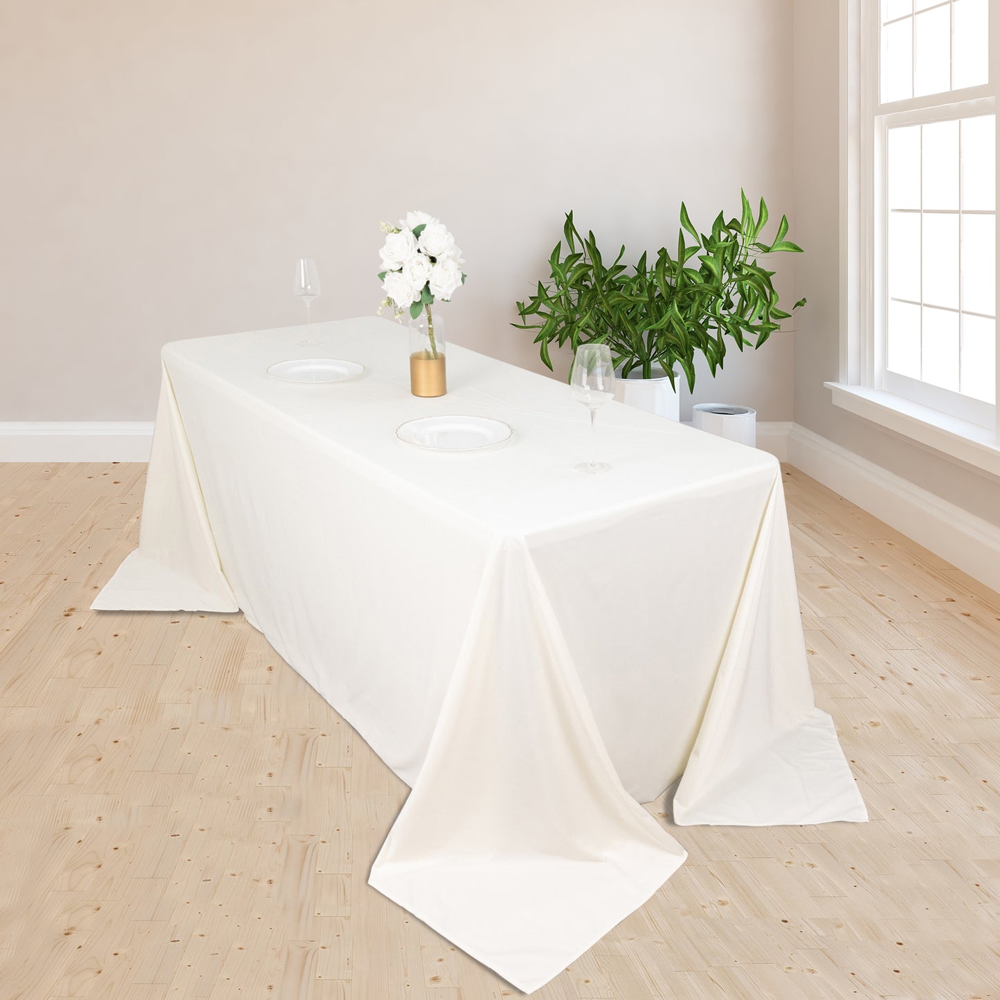 90"x132" Ivory Premium Scuba Wrinkle Free Rectangular Tablecloth, Seamless Scuba Polyester Tablecloth