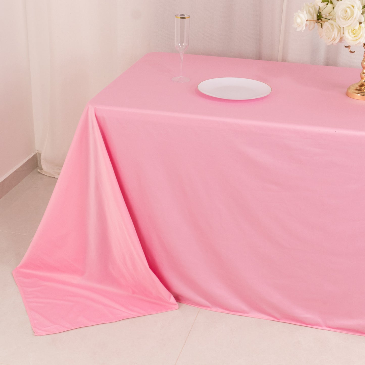 90"x132" Pink Premium Scuba Wrinkle Free Rectangular Tablecloth, Seamless Scuba Polyester Tablecloth for 6 Foot Table With Floor-Length Drop