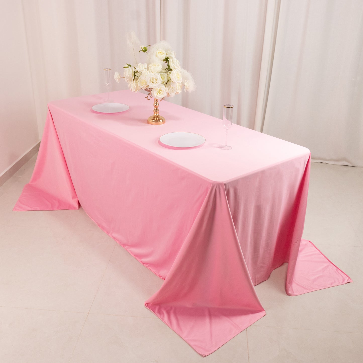 90"x132" Pink Premium Scuba Wrinkle Free Rectangular Tablecloth, Seamless Scuba Polyester Tablecloth for 6 Foot Table With Floor-Length Drop