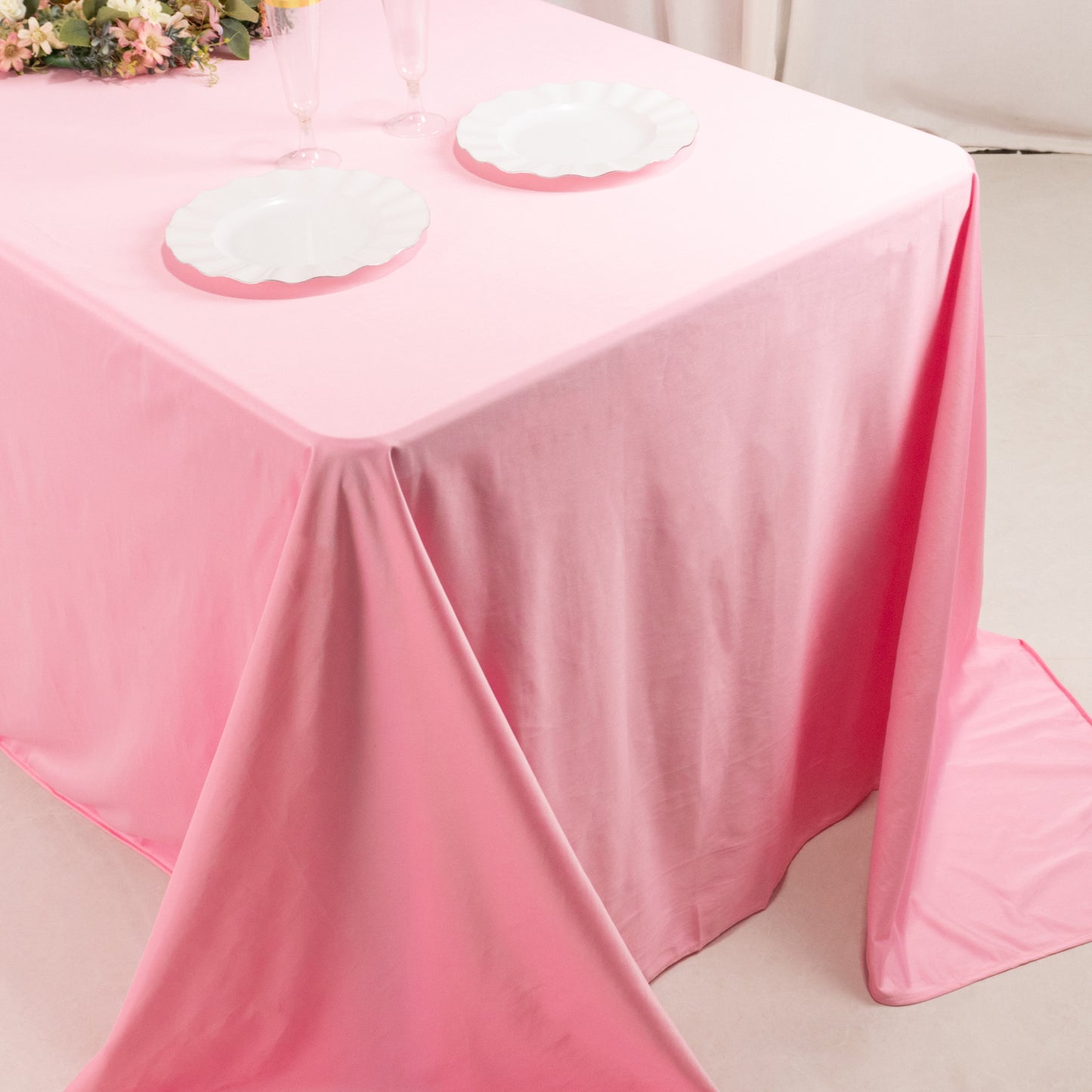 90"x132" Pink Premium Scuba Wrinkle Free Rectangular Tablecloth, Seamless Scuba Polyester Tablecloth for 6 Foot Table With Floor-Length Drop