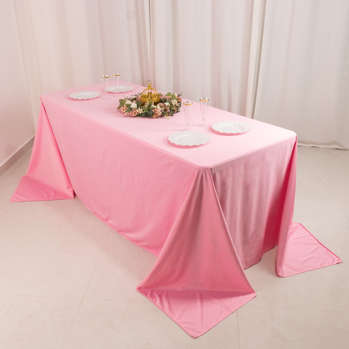 90"x132" Pink Premium Scuba Wrinkle Free Rectangular Tablecloth, Seamless Scuba Polyester Tablecloth for 6 Foot Table With Floor-Length Drop