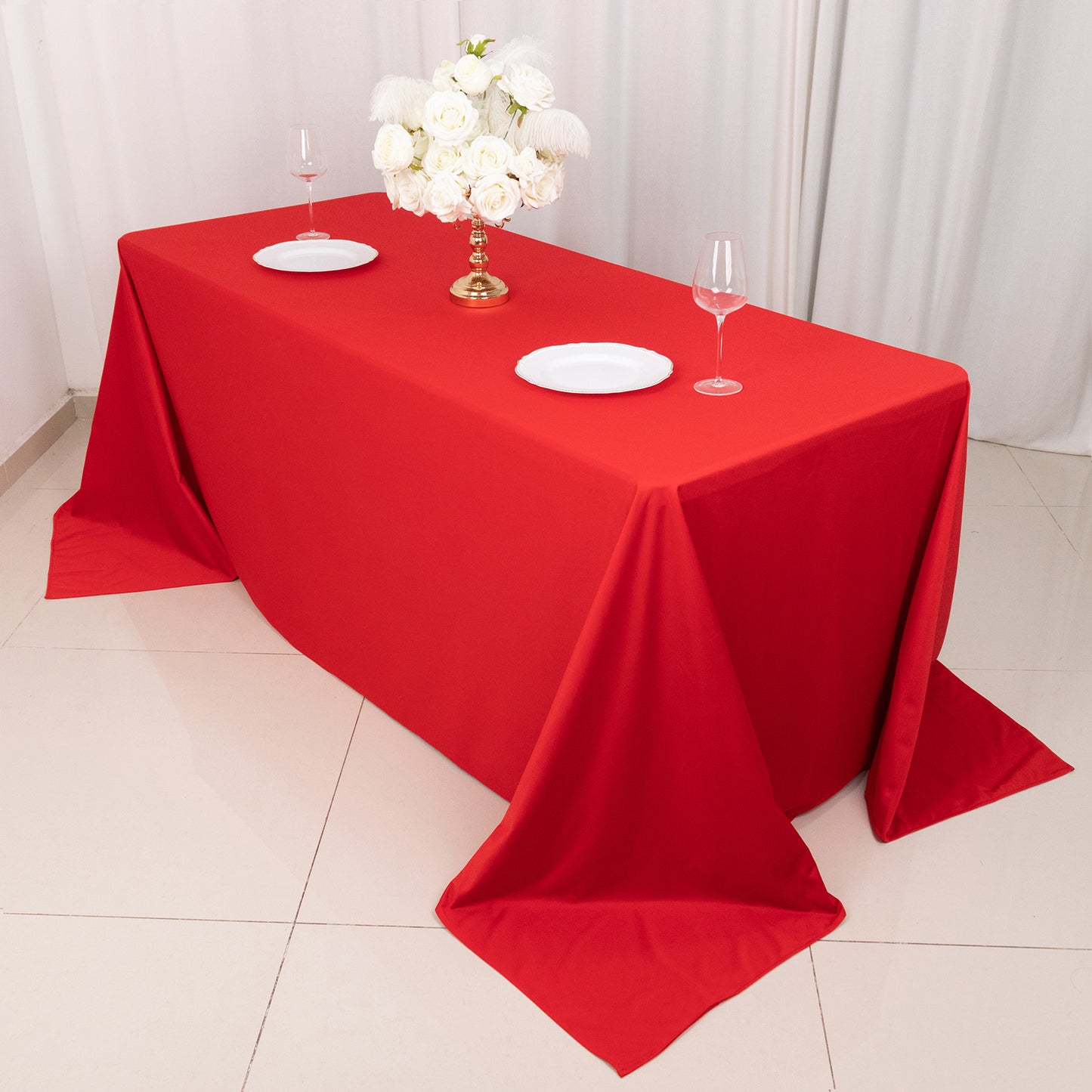 90"x132" Red Premium Scuba Wrinkle Free Rectangular Tablecloth, Seamless Scuba Polyester Tablecloth