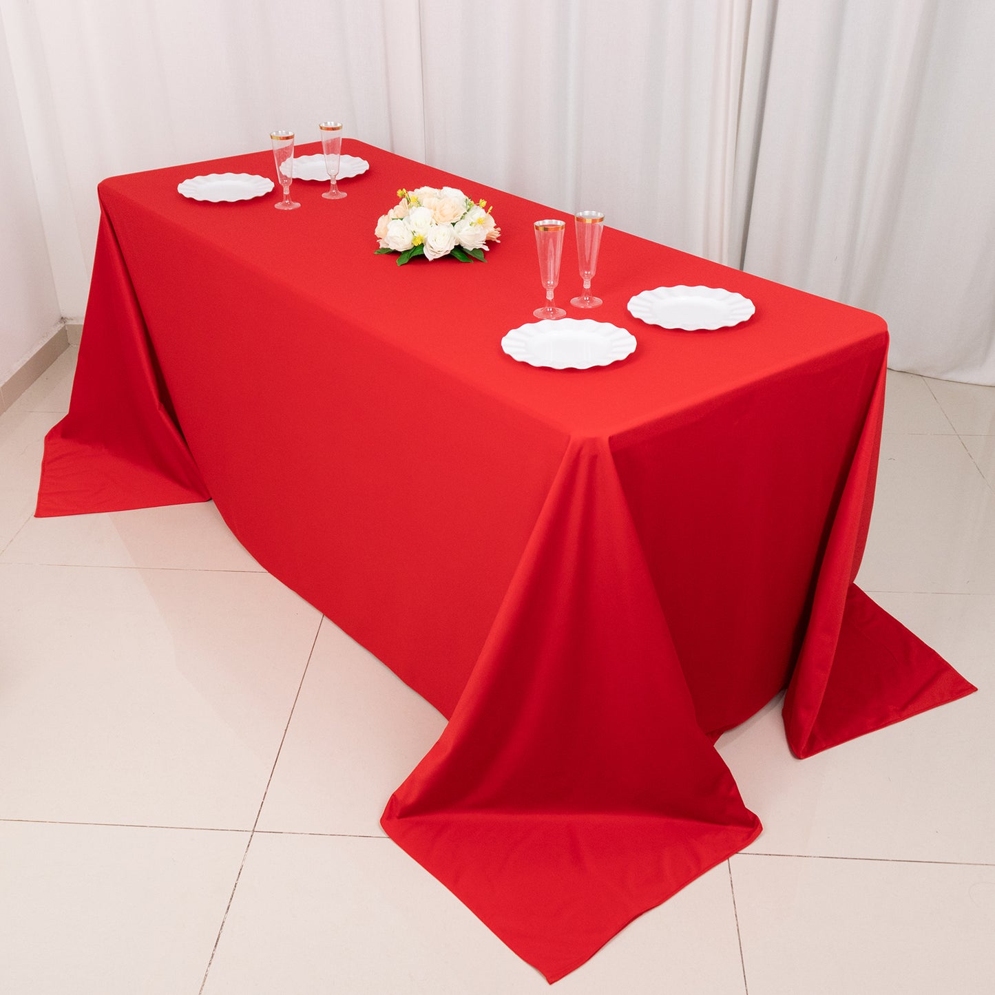 90"x132" Red Premium Scuba Wrinkle Free Rectangular Tablecloth, Seamless Scuba Polyester Tablecloth