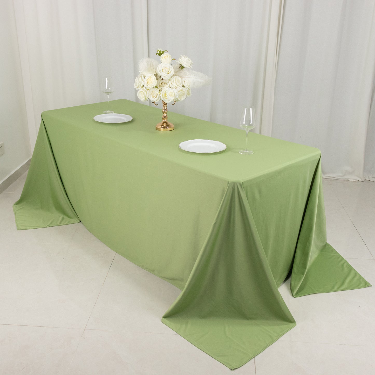 90"x132" Sage Green Premium Scuba Wrinkle Free Rectangular Tablecloth, Seamless Scuba Polyester Tablecloth