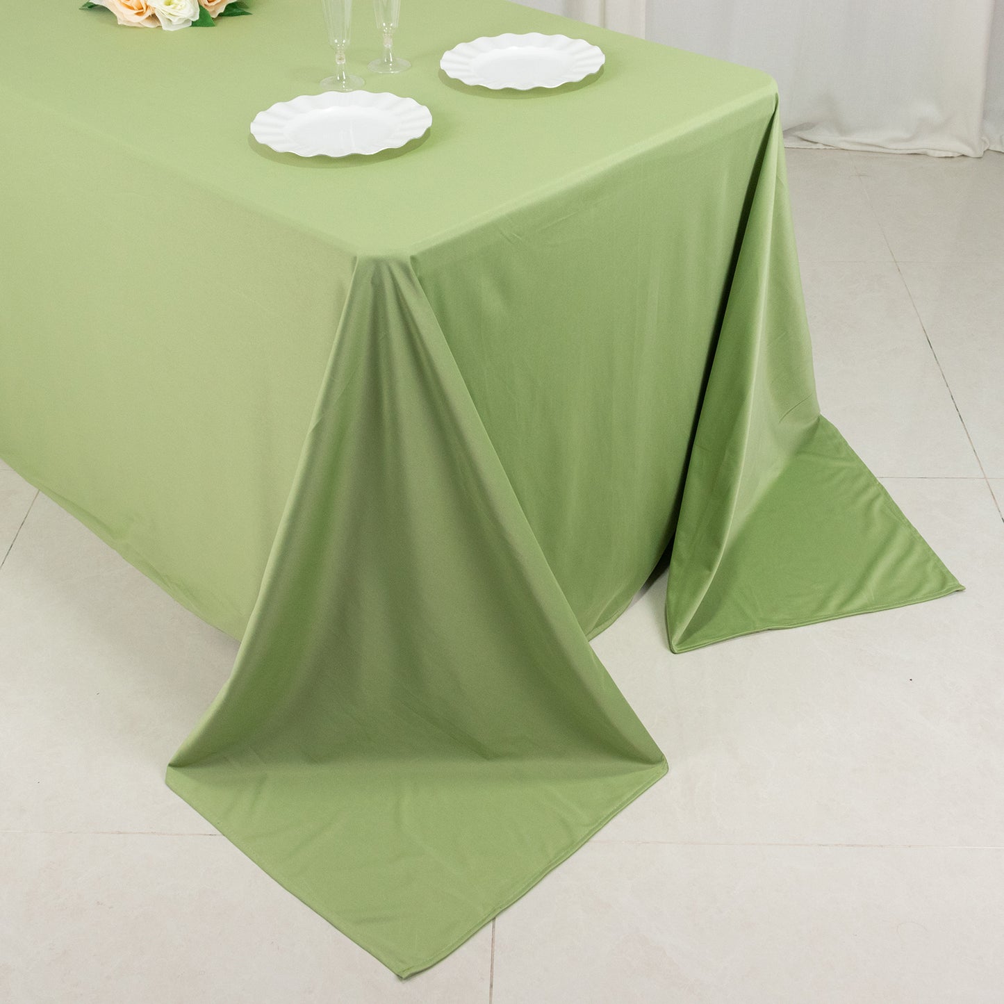 90"x132" Sage Green Premium Scuba Wrinkle Free Rectangular Tablecloth, Seamless Scuba Polyester Tablecloth