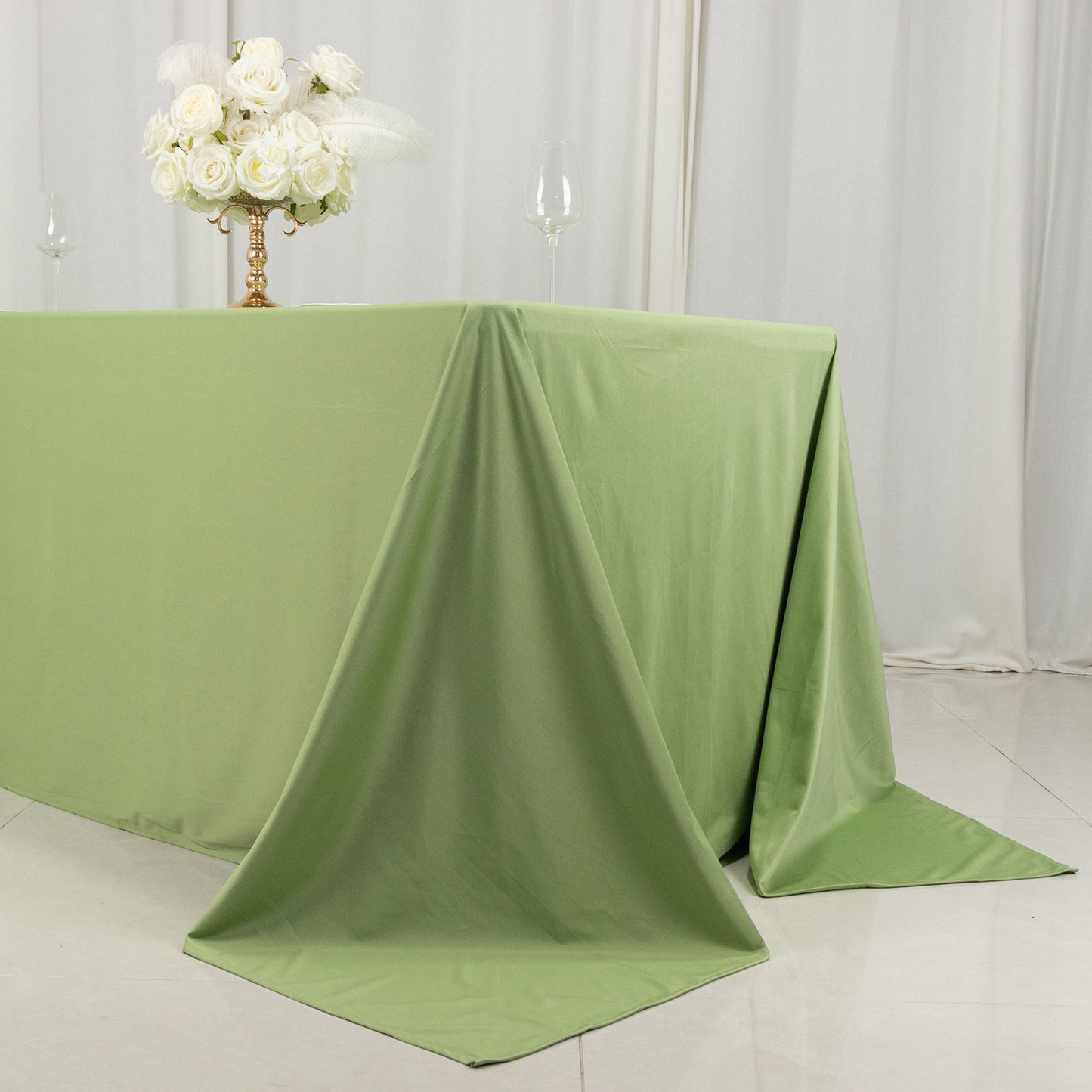 90"x132" Sage Green Premium Scuba Wrinkle Free Rectangular Tablecloth, Seamless Scuba Polyester Tablecloth