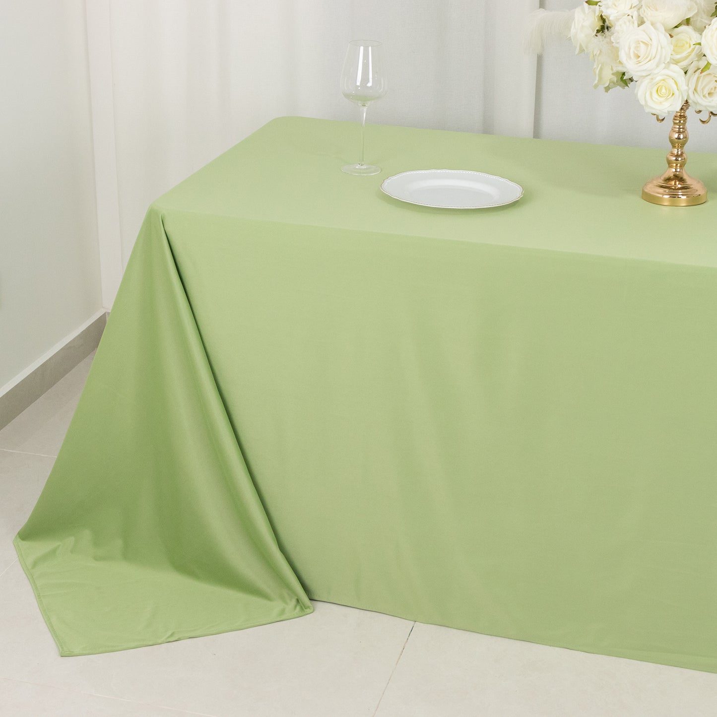 90"x132" Sage Green Premium Scuba Wrinkle Free Rectangular Tablecloth, Seamless Scuba Polyester Tablecloth