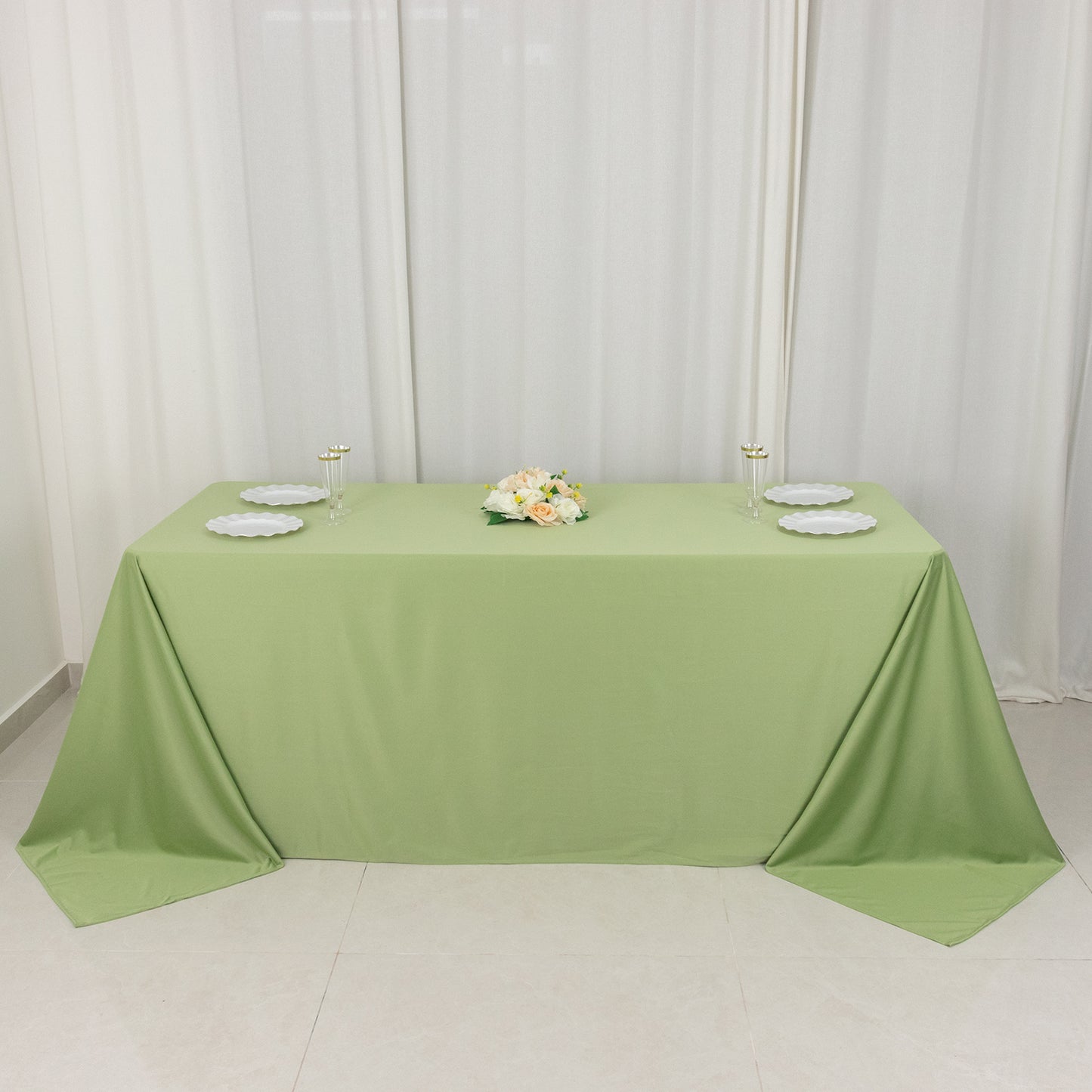 90"x132" Sage Green Premium Scuba Wrinkle Free Rectangular Tablecloth, Seamless Scuba Polyester Tablecloth