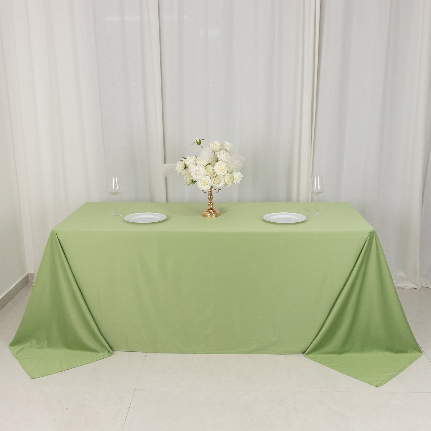 90"x132" Sage Green Premium Scuba Wrinkle Free Rectangular Tablecloth, Seamless Scuba Polyester Tablecloth