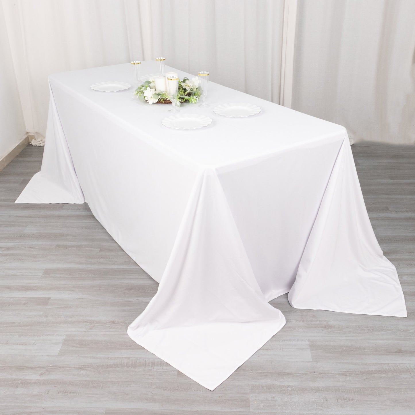 90"x132" White Premium Scuba Wrinkle Free Rectangular Tablecloth, Seamless Scuba Polyester Tablecloth