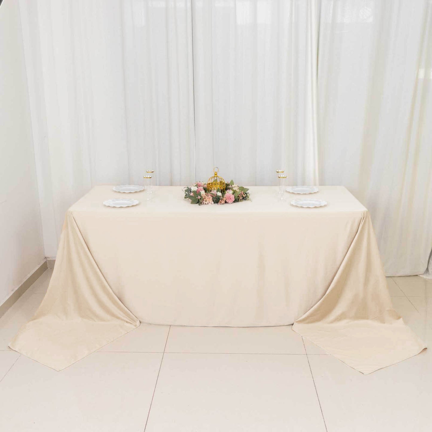 90"x156" Beige Premium Scuba Wrinkle Free Rectangular Tablecloth, Seamless Scuba Polyester Tablecloth