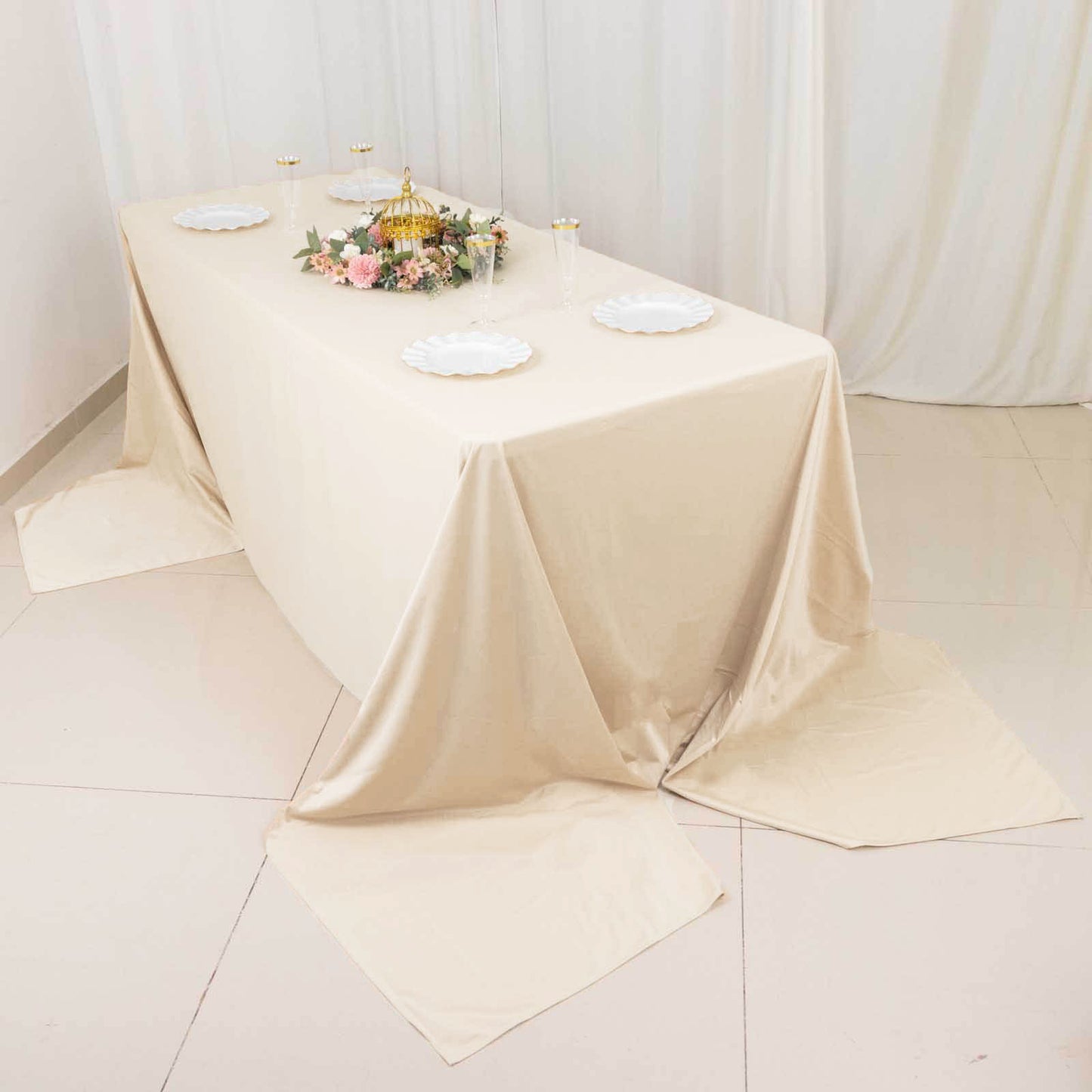 90"x156" Beige Premium Scuba Wrinkle Free Rectangular Tablecloth, Seamless Scuba Polyester Tablecloth