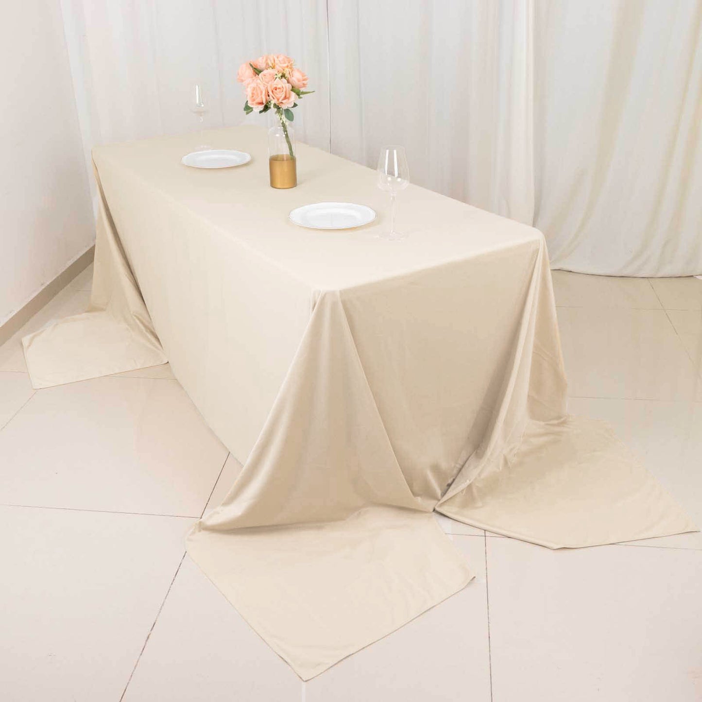 90"x156" Beige Premium Scuba Wrinkle Free Rectangular Tablecloth, Seamless Scuba Polyester Tablecloth