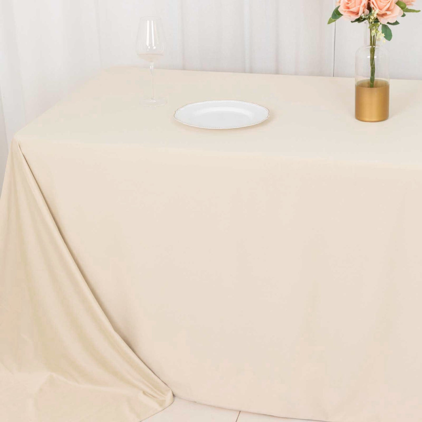 90"x156" Beige Premium Scuba Wrinkle Free Rectangular Tablecloth, Seamless Scuba Polyester Tablecloth