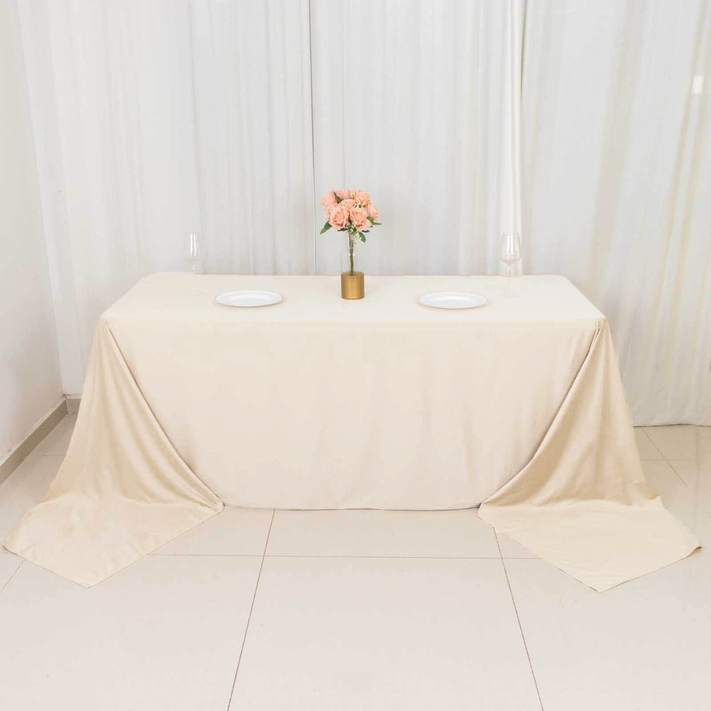 90"x156" Beige Premium Scuba Wrinkle Free Rectangular Tablecloth, Seamless Scuba Polyester Tablecloth