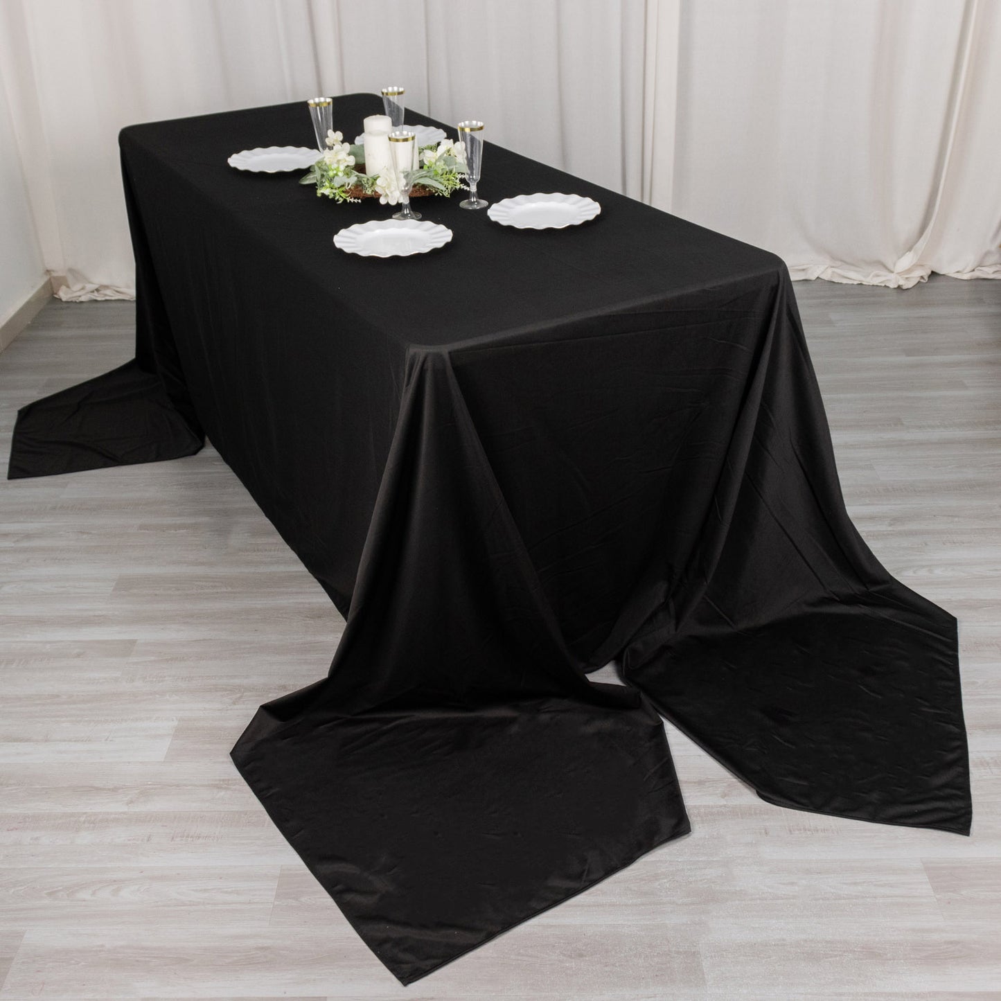 90"x156" Black Premium Scuba Wrinkle Free Rectangular Tablecloth, Seamless Scuba Polyester Tablecloth