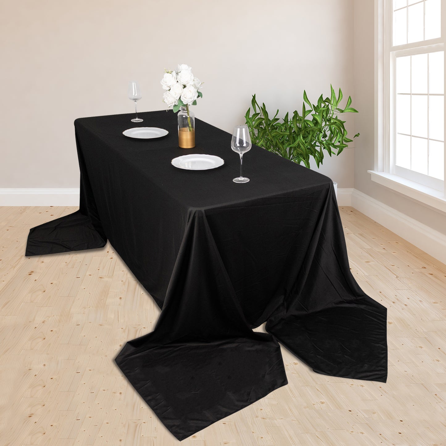 90"x156" Black Premium Scuba Wrinkle Free Rectangular Tablecloth, Seamless Scuba Polyester Tablecloth