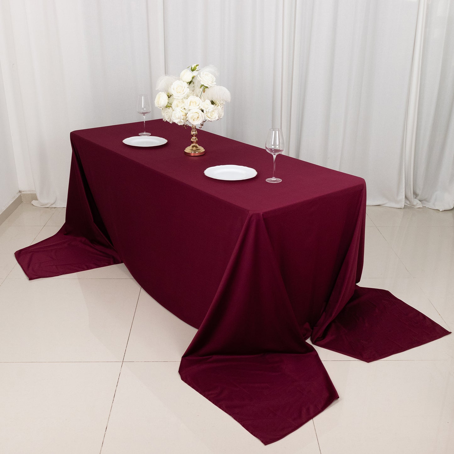 90"x156" Burgundy Premium Scuba Wrinkle Free Rectangular Tablecloth, Seamless Scuba Polyester Tablecloth