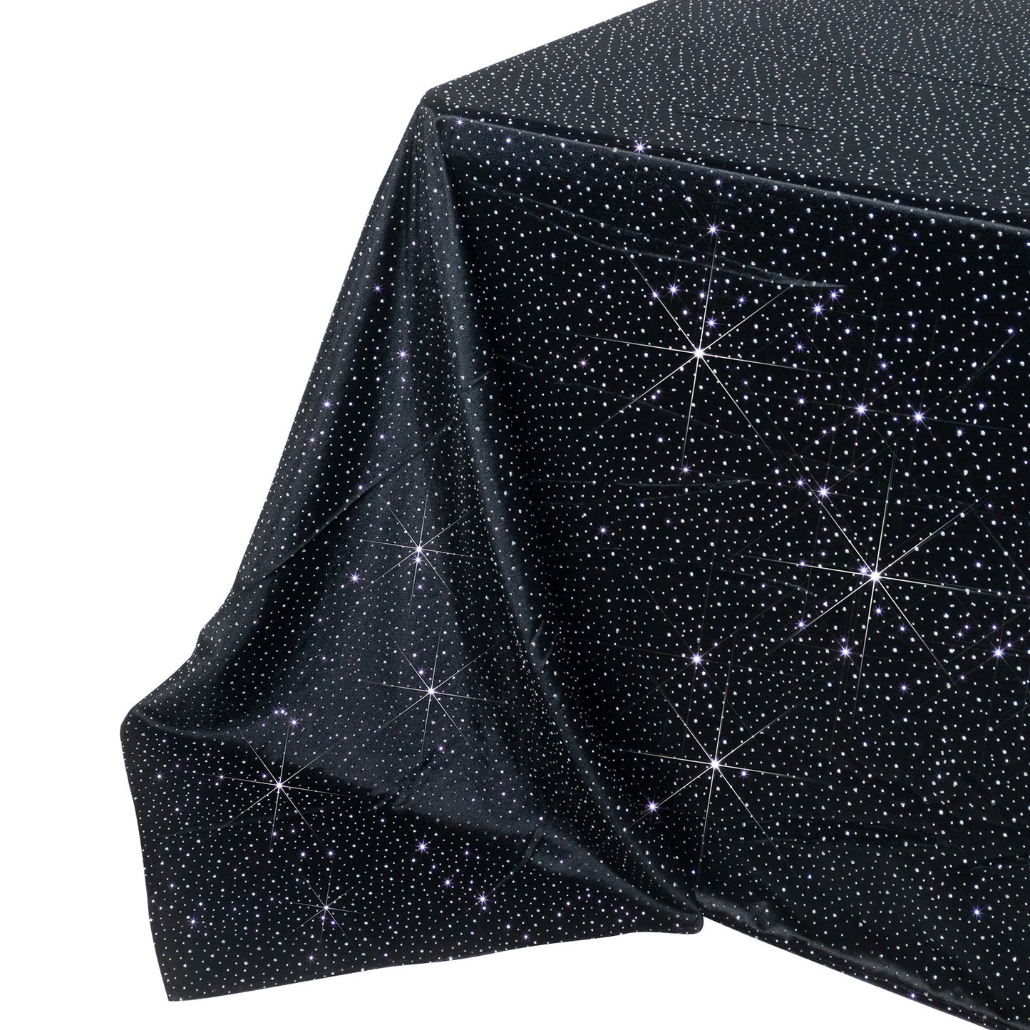 Black rectangular tablecloth with rhinestone accents, seamless and wrinkle-free.