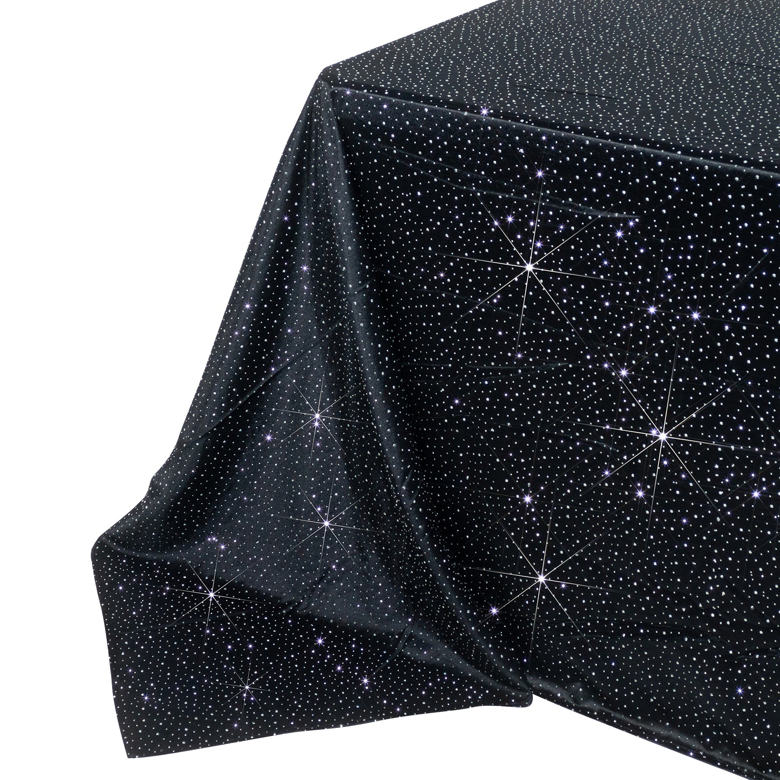 Black rectangular tablecloth with rhinestone accents, seamless and wrinkle-free.