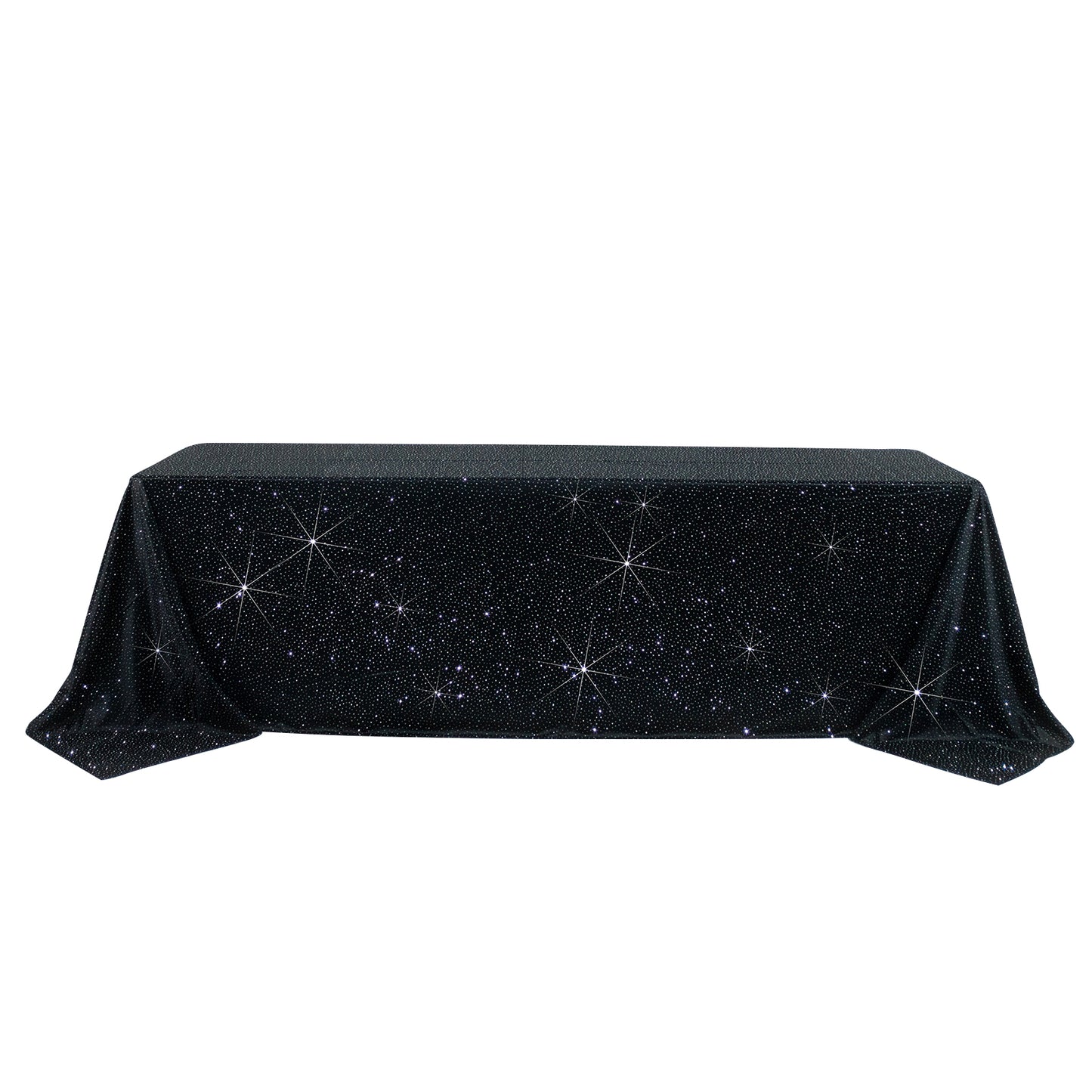 Black rectangular tablecloth with rhinestone accents, seamless and wrinkle-free.