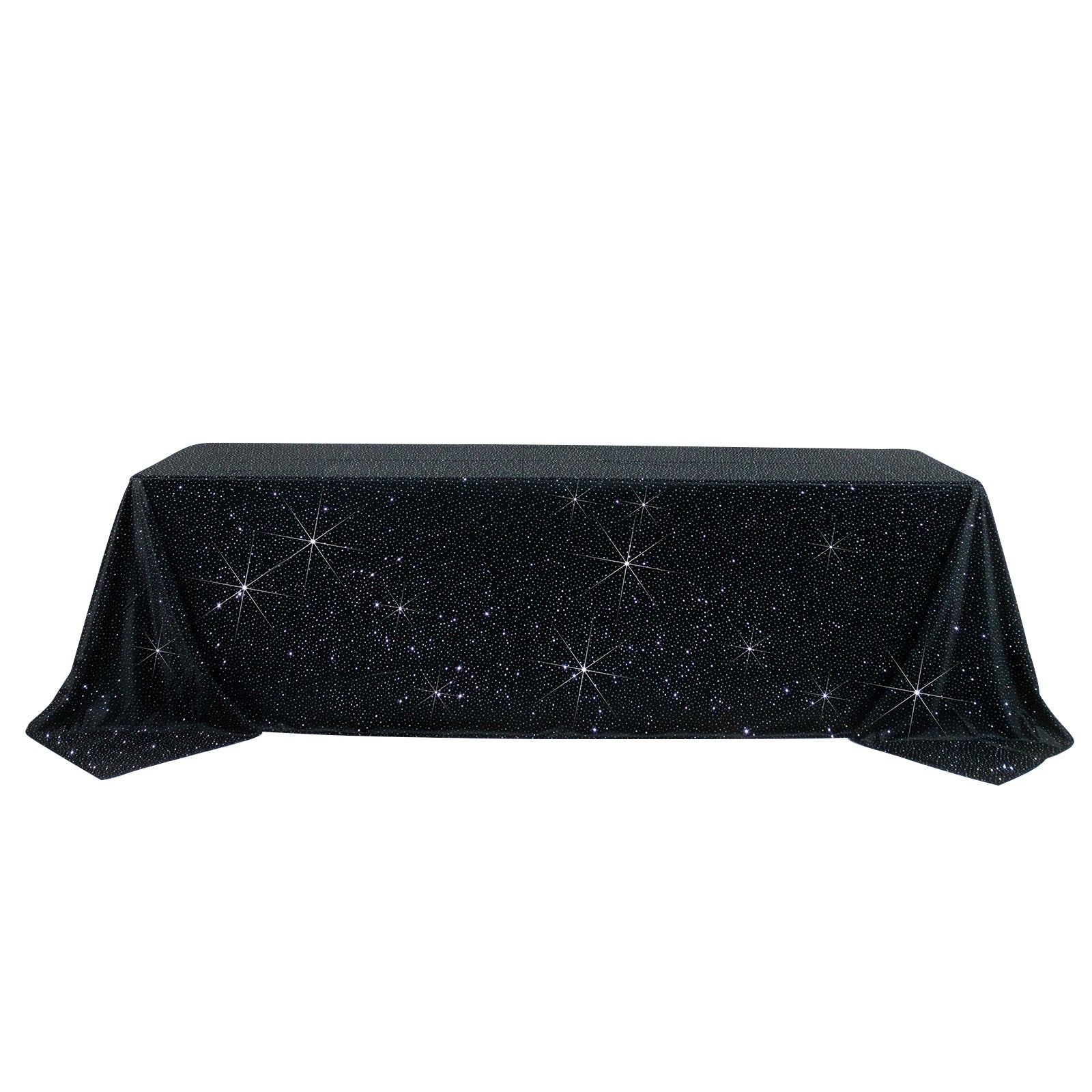 Black rectangular tablecloth with rhinestone accents, seamless and wrinkle-free.