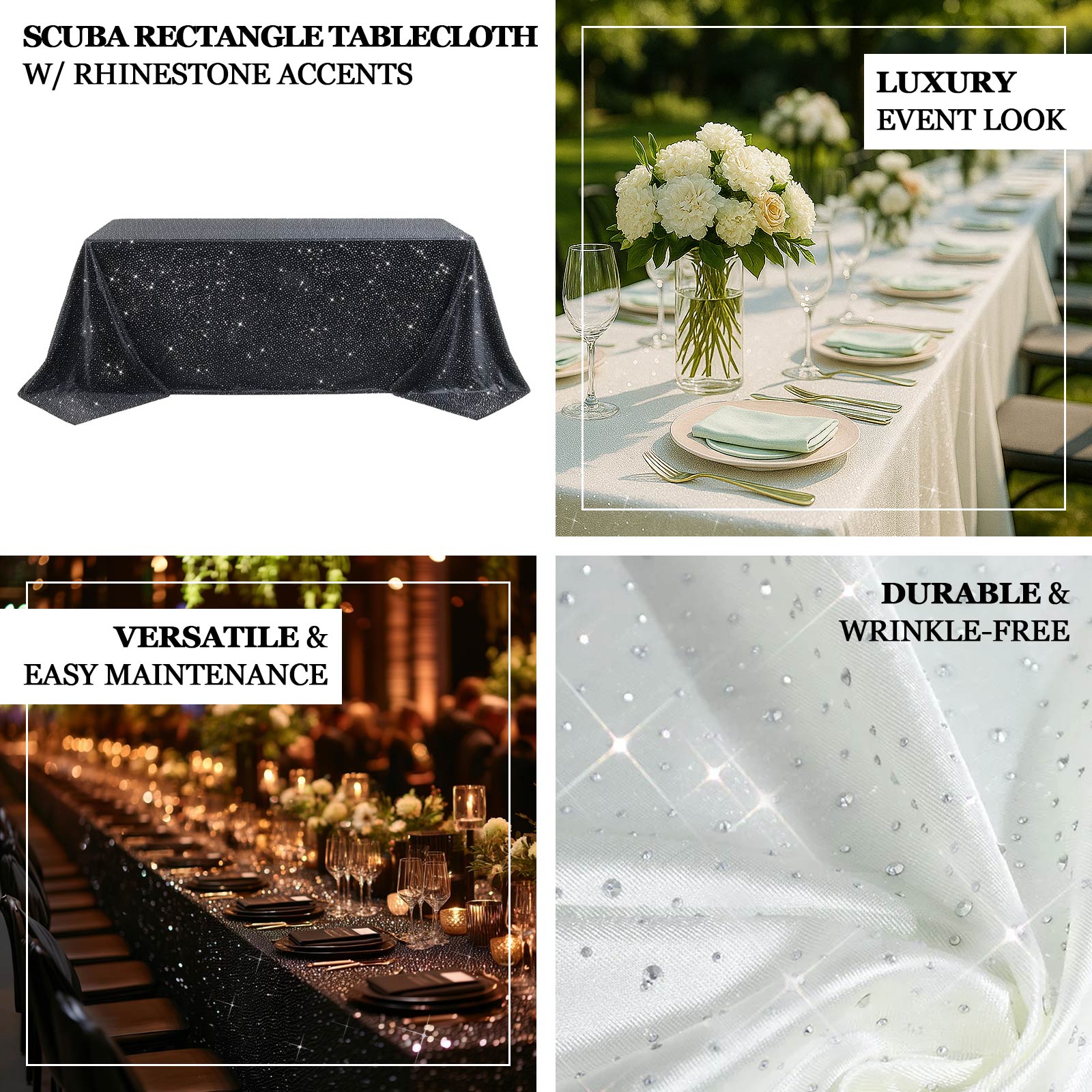White rectangular tablecloth with rhinestone accents on a banquet table.