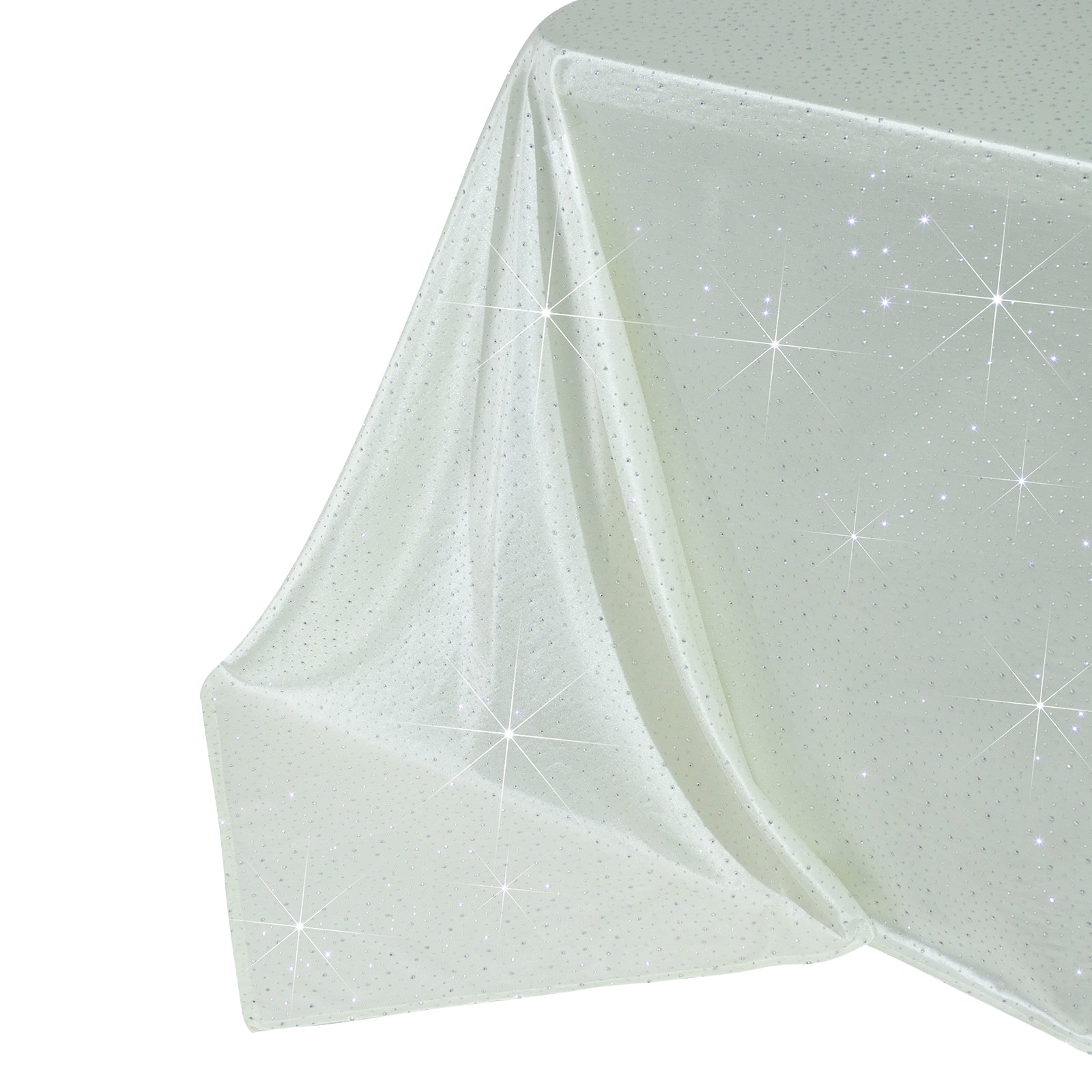 Pearl white rectangular tablecloth with rhinestone accents, wrinkle-free and stain-resistant.