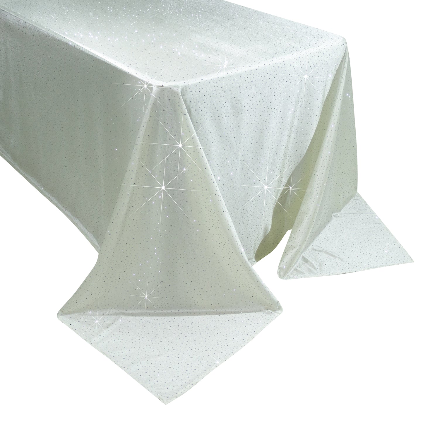 Pearl white rectangular tablecloth with rhinestone accents, seamless and wrinkle-free.