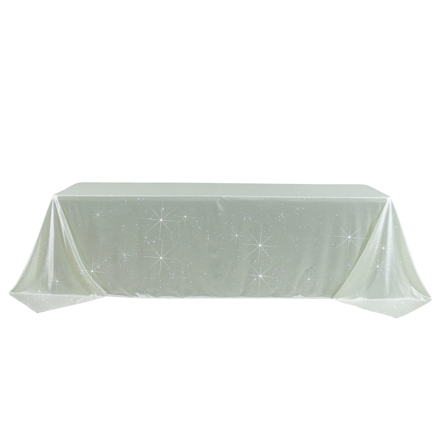 Pearl white rectangular tablecloth with rhinestone accents, seamless and wrinkle-free.