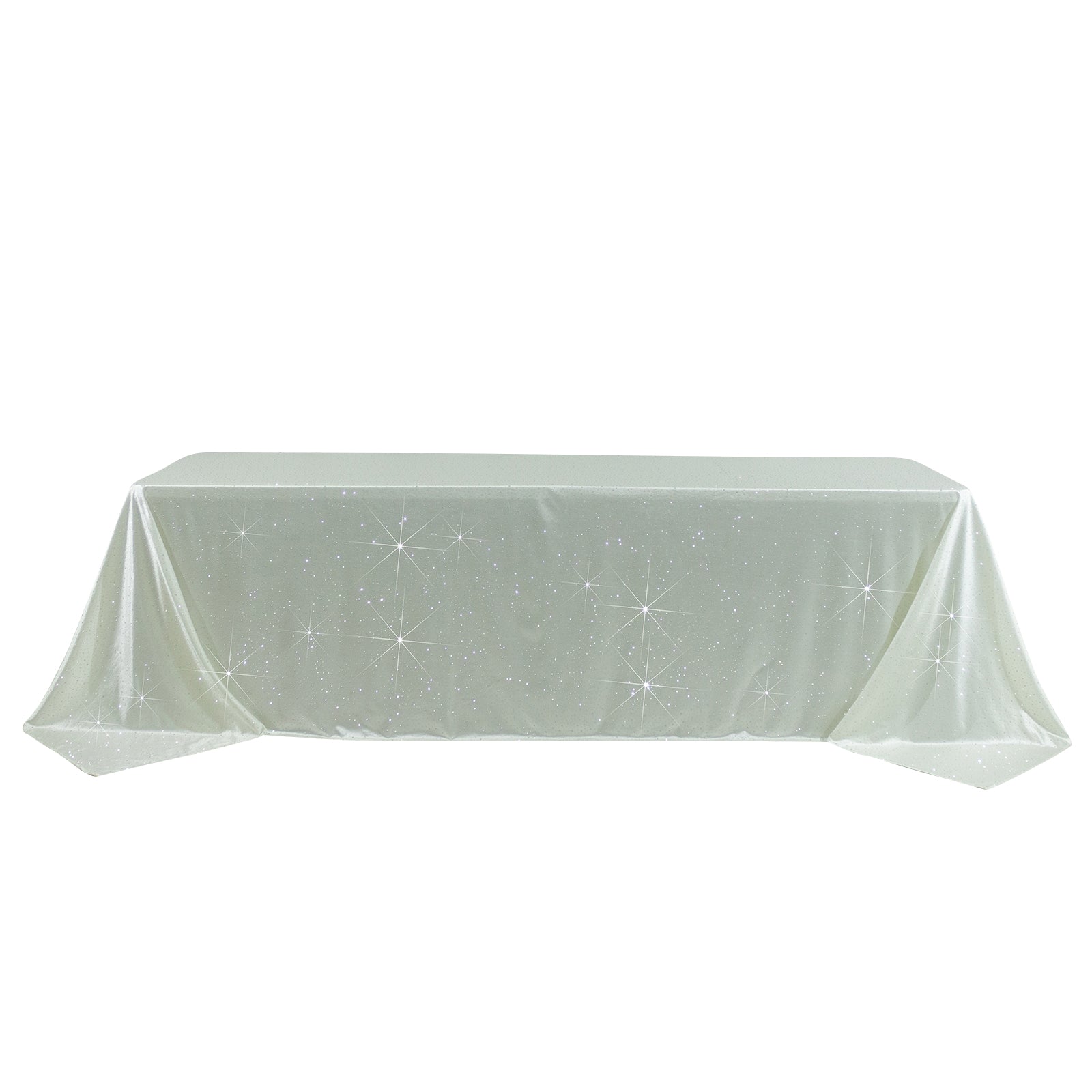 Pearl white rectangular tablecloth with rhinestone accents, seamless and wrinkle-free.