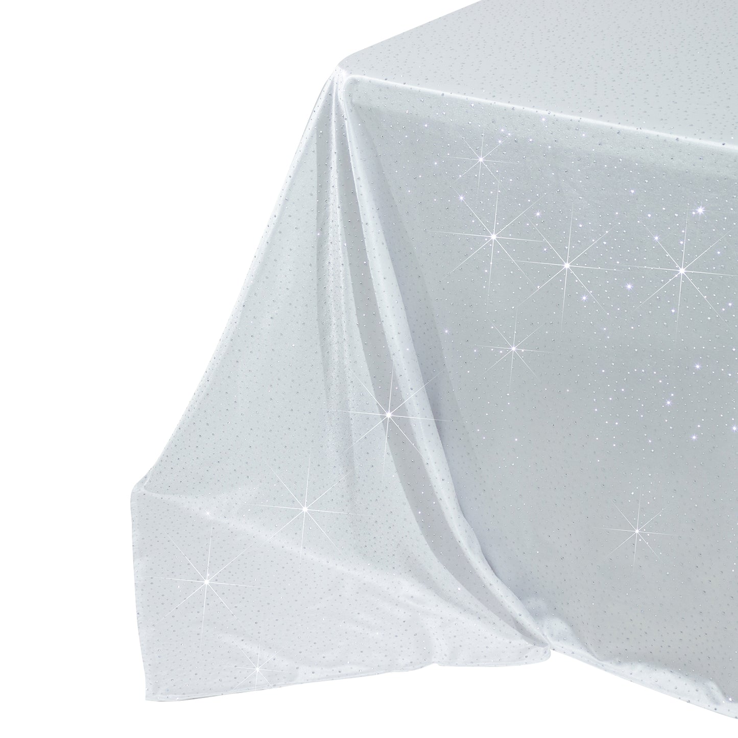 White rectangular tablecloth with rhinestone accents, seamless and wrinkle-free.
