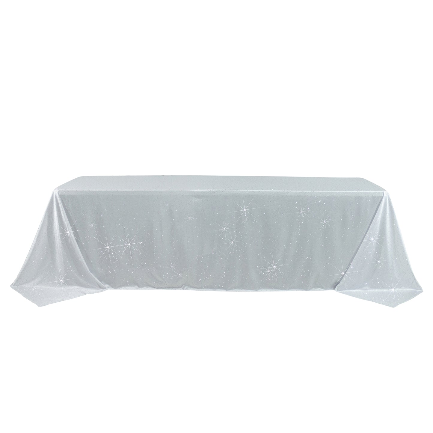 White rectangular tablecloth with rhinestone accents, seamless and wrinkle-free.