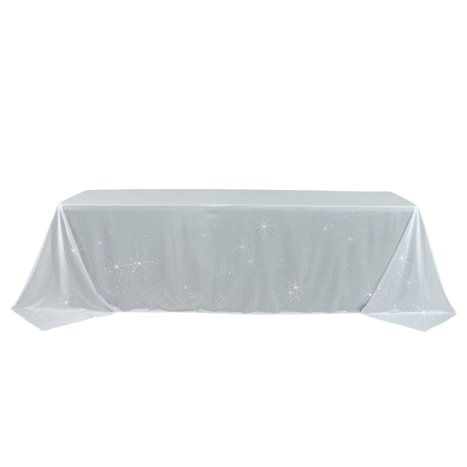 White rectangular tablecloth with rhinestone accents, seamless and wrinkle-free.