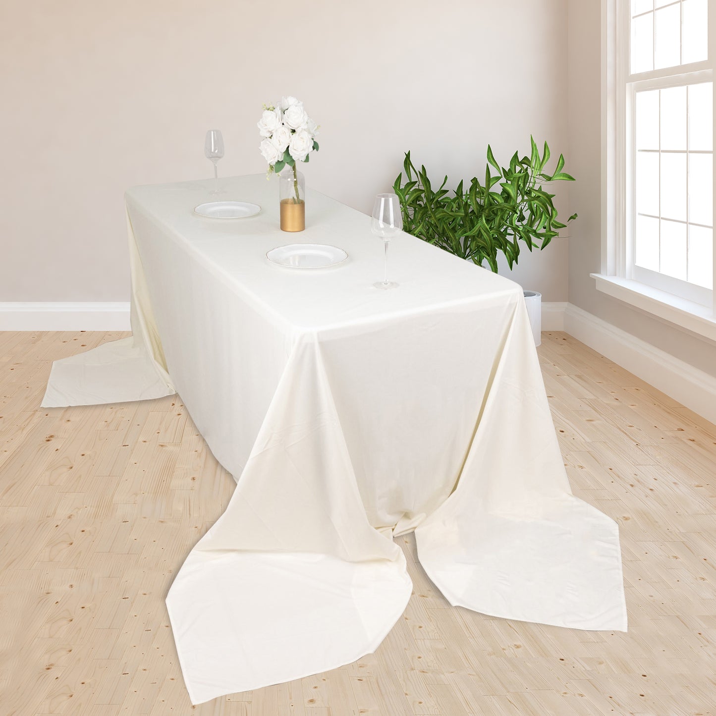 90"x156" Ivory Premium Scuba Wrinkle Free Rectangular Tablecloth, Seamless Scuba Polyester Tablecloth