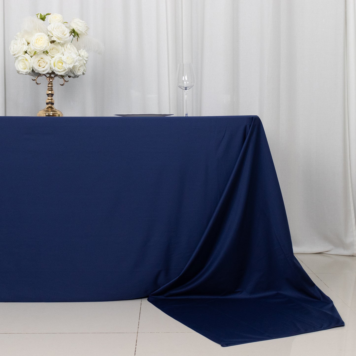 90"x156" Navy Blue Premium Scuba Wrinkle Free Rectangular Tablecloth, Seamless Scuba Polyester Tablecloth