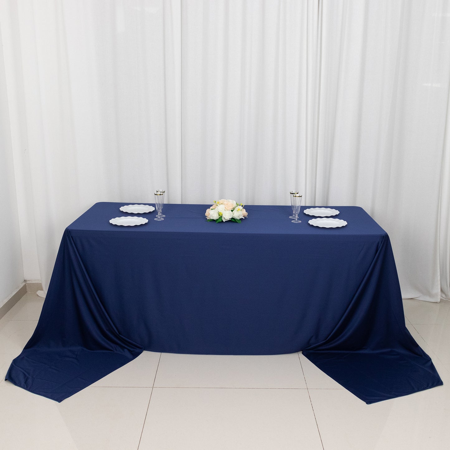 90"x156" Navy Blue Premium Scuba Wrinkle Free Rectangular Tablecloth, Seamless Scuba Polyester Tablecloth