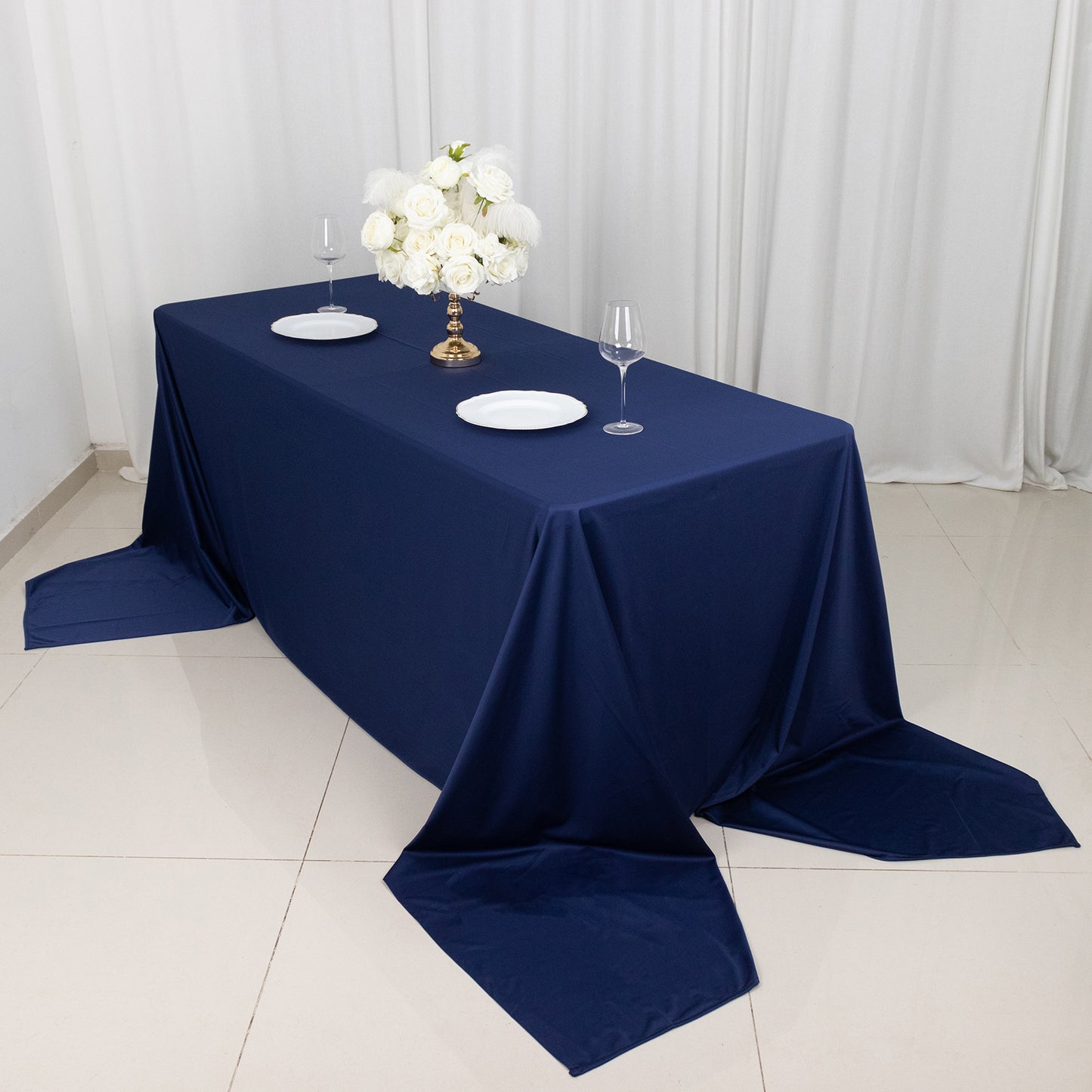 90"x156" Navy Blue Premium Scuba Wrinkle Free Rectangular Tablecloth, Seamless Scuba Polyester Tablecloth