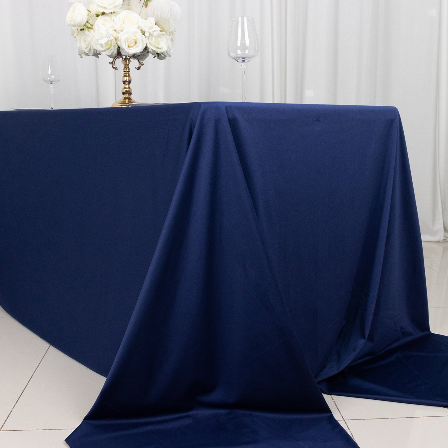 90"x156" Navy Blue Premium Scuba Wrinkle Free Rectangular Tablecloth, Seamless Scuba Polyester Tablecloth