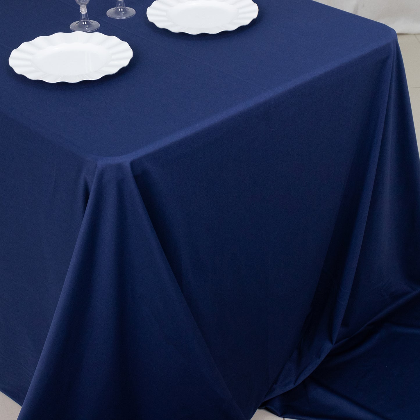 90"x156" Navy Blue Premium Scuba Wrinkle Free Rectangular Tablecloth, Seamless Scuba Polyester Tablecloth