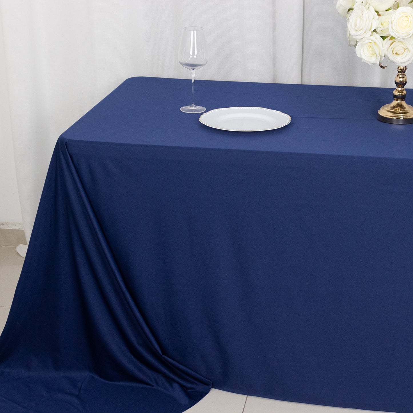 90"x156" Navy Blue Premium Scuba Wrinkle Free Rectangular Tablecloth, Seamless Scuba Polyester Tablecloth