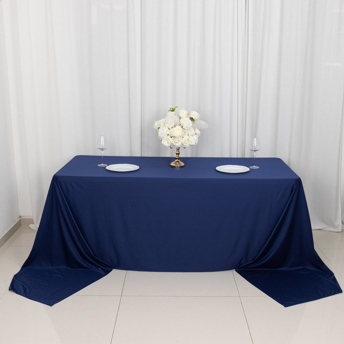 90"x156" Navy Blue Premium Scuba Wrinkle Free Rectangular Tablecloth, Seamless Scuba Polyester Tablecloth