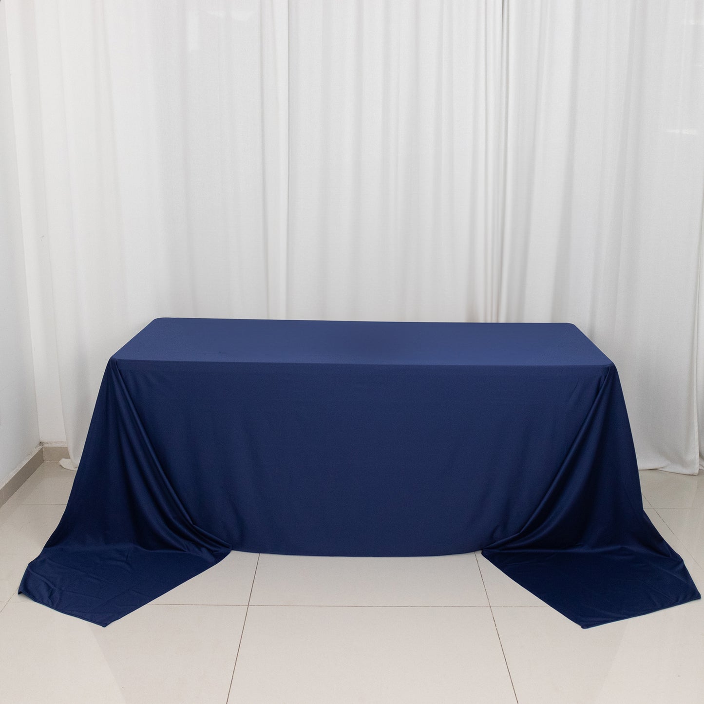 90"x156" Navy Blue Premium Scuba Wrinkle Free Rectangular Tablecloth, Seamless Scuba Polyester Tablecloth