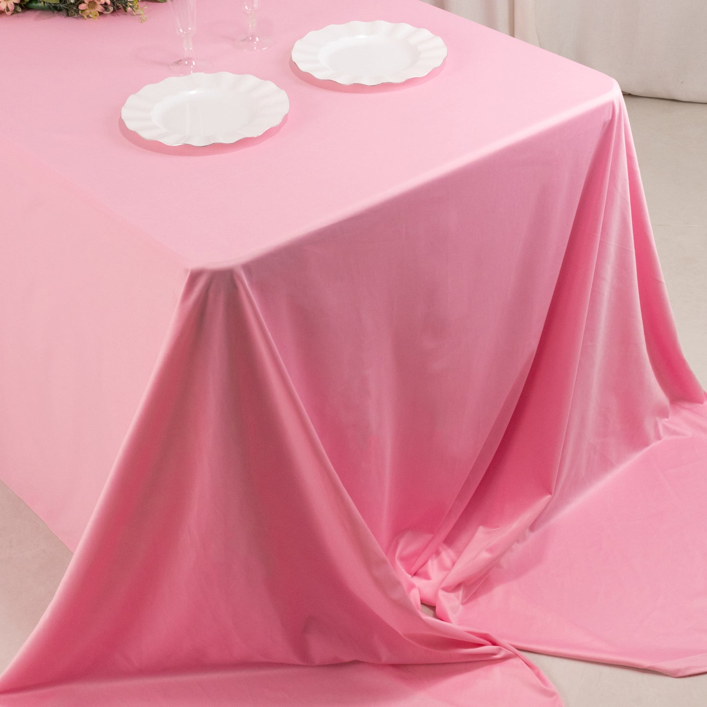 90"x156" Pink Premium Scuba Wrinkle Free Rectangular Tablecloth, Seamless Scuba Polyester Tablecloth for 8 Foot Table With Floor-Length Drop