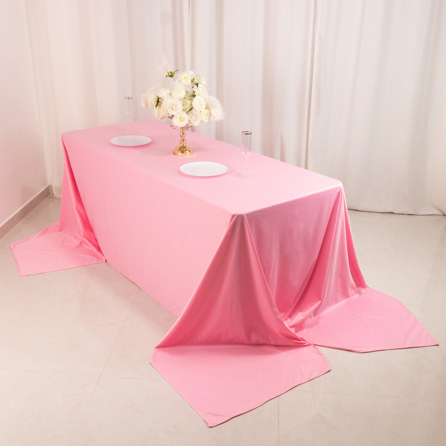 90"x156" Pink Premium Scuba Wrinkle Free Rectangular Tablecloth, Seamless Scuba Polyester Tablecloth for 8 Foot Table With Floor-Length Drop