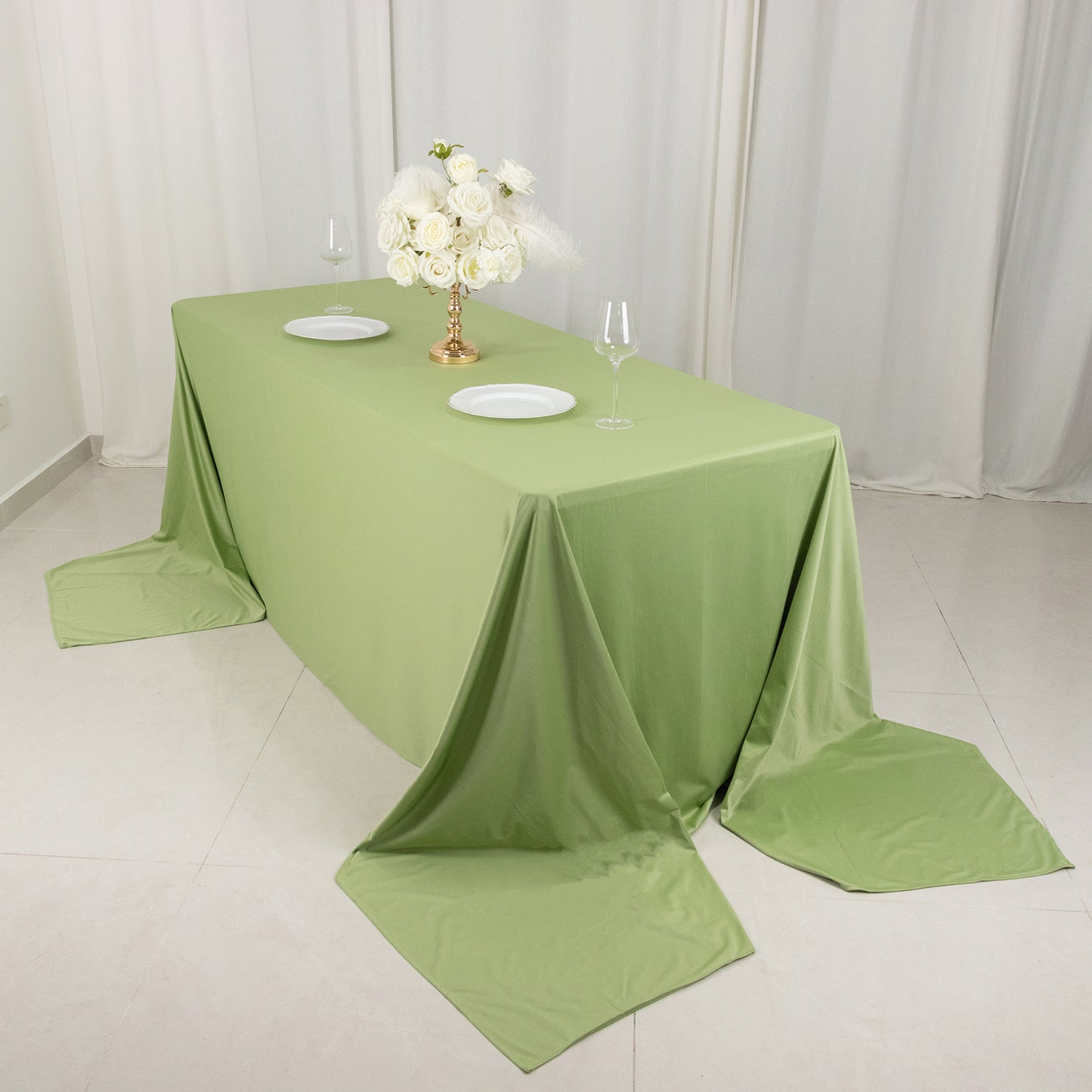 90"x156" Sage Green Premium Scuba Wrinkle Free Rectangular Tablecloth, Seamless Scuba Polyester Tablecloth